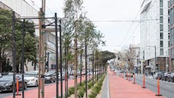 The new BRT route includes red transit lanes on Van Ness Avenue. The new BRT route includes red transit lanes on Van Ness Avenue.