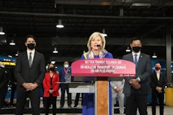 Mississauga Mayor Bonnie Crombie (at podium), Prime Minister Justin Trudeau (left), The Honorable Stan Cho (right), MPP Willowdale and Associate Minister of Transportation at an event March 4 marking a joint investment in Mississauga's bus network. Mississauga Mayor Bonnie Crombie (at podium), Prime Minister Justin Trudeau (left), The Honorable Stan Cho (right), MPP Willowdale and Associate Minister of Transportation at an event March 4 marking a joint investment in Mississauga's bus network.