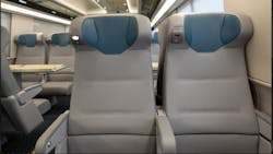 Designated by the color blue, the 378 Business Class seats on each train will offer spacious, high-end comfort, personal outlets, USB ports and adjustable reading lights at every seat, and a streamlined overhead luggage compartment. Designated by the color blue, the 378 Business Class seats on each train will offer spacious, high-end comfort, personal outlets, USB ports and adjustable reading lights at every seat, and a streamlined overhead luggage compartment.