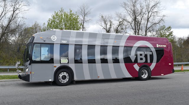 One of Blacksburg Transit&apos;s existing battery-electric vehicles; the agency purchased five additional battery-electric buses from New Flyer of America in a recently announced contract.