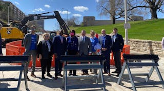 Federal, municipal and transit officials marked the start of track construction for the Main Street Extension of the KC Streetcar on April 6. [KC Streetcar Authority]