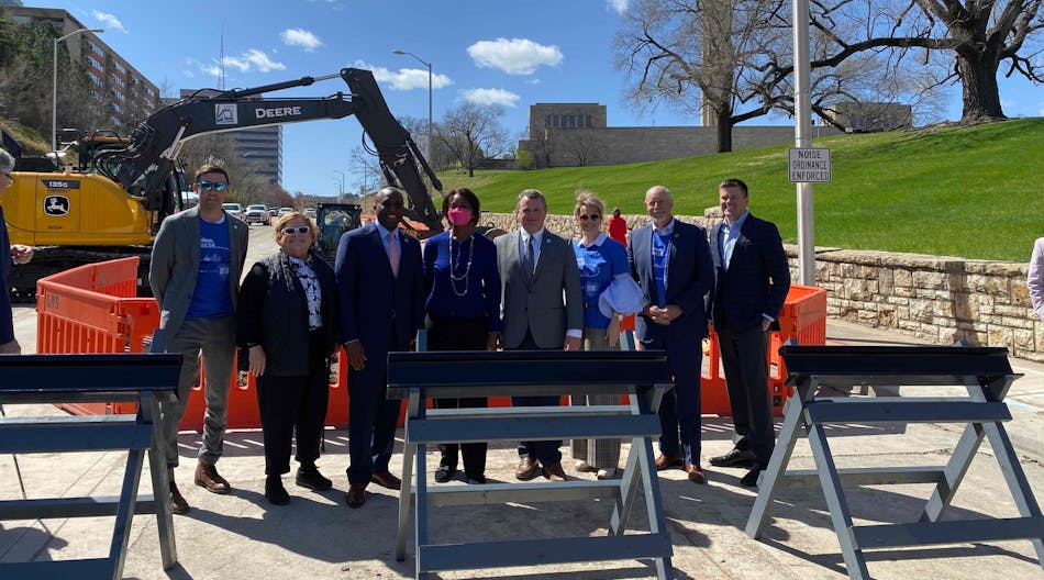 Federal, municipal and transit officials marked the start of track construction for the Main Street Extension of the KC Streetcar on April 6. [KC Streetcar Authority]