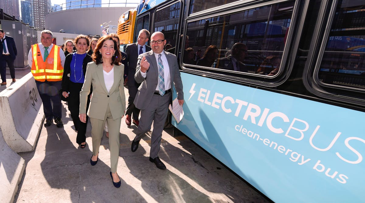 Gov. Hochul joins MTA Chair and CEO Lieber and Interim NYCT President Cipriano at the Michael J. Quill Depot on April 22.