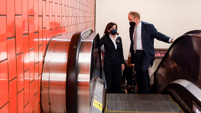 New York Gov. Kathy Hochul and MTA Chairman and CEO Janno Lieber took the subway to Maimonides Medical Center to visit victims of the April 12 shooting on the N train.