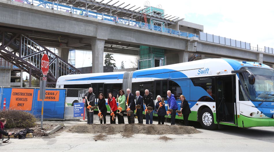 Community Transit staff and board members, federal and elected officials and community partners celebrated the kick-off of the construction of Swift Orange Line at Lynnwood Transit Center on April 19, 2022.