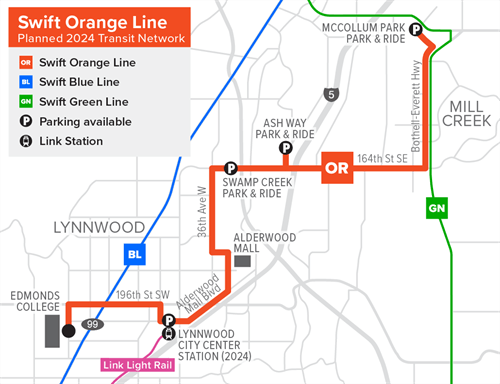 A map showing the route of the Swift Orange Line and its transit connections.