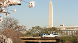An Amtrak train in Washington, D.C., on a spring day.