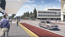 A rendering illustrating the Broadway - Colorado intersection in Glendale with the BRT constructed. A rendering illustrating the Broadway - Colorado intersection in Glendale with the BRT constructed.