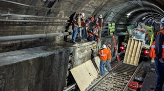 Amtrak crews performed work in the South Tube of the North River Tunnel remediated damage to the tube&rsquo;s benchwall system.