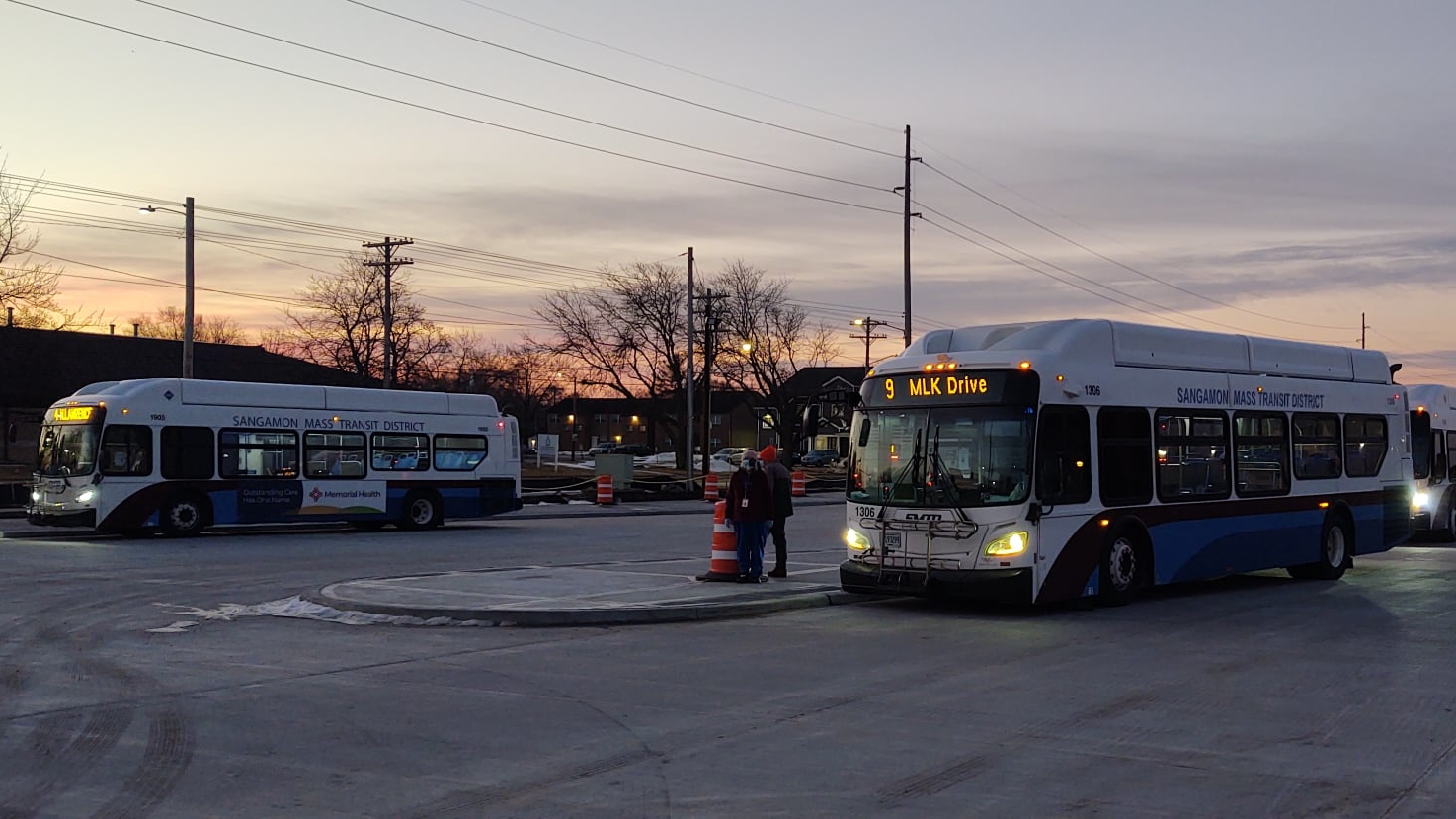 SMTD's fleet is comprised of 34 diesel-fueled buses and 22 CNG buses. The district's zero emissions transition plan aims to have a 100 percent low emission fleet in 10 years and a more than 50 percent zero-emission fleet in 25 years. [image: Sangamon Mass Transit District]