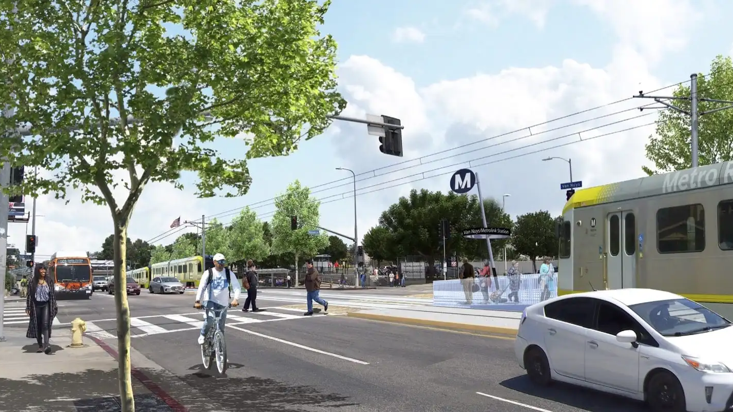 A rendering of the future East San Fernando Valley Transit Corridor Phase 1 light-rail line near the existing Van Nuys Metrolink Station.