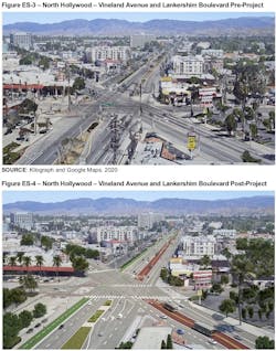 A before and after rendering of the intersection of Vineland Ave. and Lankershim Blvd. pre and post BRT construction in North Hollywood.