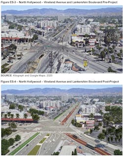 A before and after rendering of the intersection of Vineland Ave. and Lankershim Blvd. pre and post BRT construction in North Hollywood. A before and after rendering of the intersection of Vineland Ave. and Lankershim Blvd. pre and post BRT construction in North Hollywood.