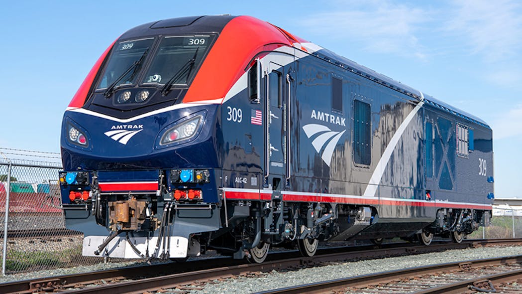 One of Amtrak&apos;s ALC-42 Charger locomotives. #309 is the first to sport the Phase VII livery; it was photographed at the Siemens plant in California. [Mike Armstrong/Amtrak]