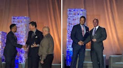 Kevin Hozendorf presents 2022 Rail Safety Gold Award to British Columbia Rapid Transit Company, left, and the 2022 Rail Security Gold Award to Miami-Dade County Department of Transportation and Public Works, Miami-Dade Transit.