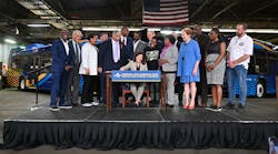 New York Gov. Kathy Hochul, joined by Lieutenant Governor Antonio Delgado, MTA Chairman and CEO Janno Lieber, Senator Leroy Comrie, Assemblymember Vivian Cook and ATU Local 1056 President Mark Henry, signs the Transit Workers Assault Bill at the Queens Bus Terminal in Jamaica on June 27, 2022. This new law protects more than 11,000 MTA workers and prosecutes those who attack transit workers with sentences up to seven years in prison. (Kevin P. Coughlin / Office of Governor Kathy Hochul)