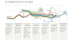 A compilation showing the seven alternatives for the East-West Transit Corridor MDOT MTA will further evaluate.