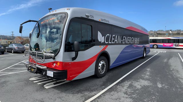 One of SamTrans&apos; existing zero-emission buses; the district&apos;s board approved the purchase of 30 additional zero-emission buses. This purchase includes 10 hydrogen fuel cell buses from New Flyer and 20 battery electric buses from Gillig.