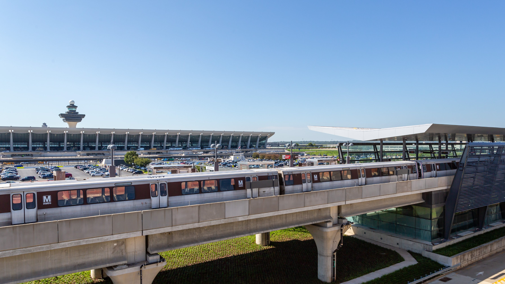 A test train at the Washington Dulles International Airport station that was built as part of the Silver Line Extension. The extension has reached operational readiness with WMATA assuming control of the line on June 23.
