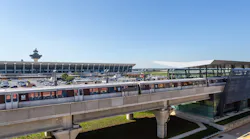 A test train at the Washington Dulles International Airport station that was built as part of the Silver Line Extension. The extension has reached operational readiness with WMATA assuming control of the line on June 23.
