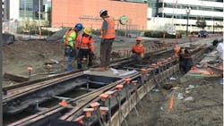 Crews perform special track work at Santa Ana Blvd., Ross, and 5th Street intersection to continue moving the OC Streetcar project forward. Crews perform special track work at Santa Ana Blvd., Ross, and 5th Street intersection to continue moving the OC Streetcar project forward.
