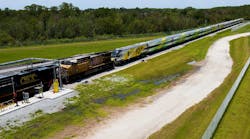 Brightline accepted delivery of two trains from Siemens at its Vehicle Maintenance Facility south of the Orlando International Airport.