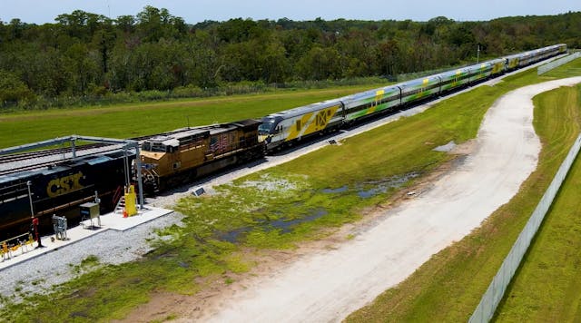 Brightline accepted delivery of two trains from Siemens at its Vehicle Maintenance Facility south of the Orlando International Airport.
