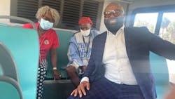 Left to right: County Administrator Verdenia C. Baker, Transit Ambassador Nicky Brown and Executive Director Clinton B. Forbes ride Palm Tran Route 1 to The Gardens Mall in Palm Beach Gardens. Left to right: County Administrator Verdenia C. Baker, Transit Ambassador Nicky Brown and Executive Director Clinton B. Forbes ride Palm Tran Route 1 to The Gardens Mall in Palm Beach Gardens.