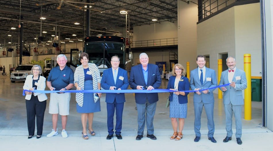 Officials cutting the ribbon on the new Pace Plainfield Facility, which will be operational this fall. Left to right: Pace Exec. Dir. Melinda Metzger, fmr. Pace Director Roger Claar, Will County Exec. Jennifer Bertino-Tarrant, Pace Chairman Rick Kwasneski, RTA Chairman Kirk Dillard, IL Sen. Meg Loughran Cappel, Northern Builders Sr. VP Matthew Grusecki, Plainfield Mayor John Argoudelis.