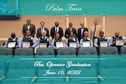 Top row: Assistant County Administrators Reginald K. Duren and Todd J. Bonlarron, Palm Tran Executive Director Clinton B. Forbes, ATU Local 1577 President Dwight Mattingly, and Assistant County Administrator Patrick Rutter. Bottom Row: Nash McBridge, Larone Sumpter, Vaughn Hohreiter, Sandra Guerra Coreas, Lanell Mitchell, Michael Nahidino, Sonia Starks, and Jose Soto Sr. In attendance: County Administrator Verdenia C. Baker, Palm Beach County Mayor Robert S. Weinroth and Vice Mayor Gregg K. Weiss. Top row: Assistant County Administrators Reginald K. Duren and Todd J. Bonlarron, Palm Tran Executive Director Clinton B. Forbes, ATU Local 1577 President Dwight Mattingly, and Assistant County Administrator Patrick Rutter. Bottom Row: Nash McBridge, Larone Sumpter, Vaughn Hohreiter, Sandra Guerra Coreas, Lanell Mitchell, Michael Nahidino, Sonia Starks, and Jose Soto Sr. In attendance: County Administrator Verdenia C. Baker, Palm Beach County Mayor Robert S. Weinroth and Vice Mayor Gregg K. Weiss.