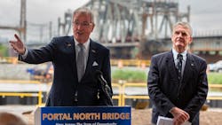 New Jersey Gov. Phil Murphy and NJ Transit President and CEO Kevin S. Corbett at the groundbreaking event held Aug. 1 for the Portal North Bridge, which can be seen in the background. New Jersey Gov. Phil Murphy and NJ Transit President and CEO Kevin S. Corbett at the groundbreaking event held Aug. 1 for the Portal North Bridge, which can be seen in the background.