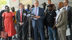 Left to right: Senior Advisor Shanifah Rieara, NYC Transit President Richard Davey, MTA MTA Chair and CEO Janno Lieber, NYC Transit Cleaner Anthony Nelson are joined by TWU President Tony Utano, TWU VP Robert Kelley and Nelson's family at news conference following the court proceeding that included the unsealing of an indictment charging Alexander Wright with assault. MTA will seek a three-year ban of Wright from its system if he is convicted of an assault on Nelson.
