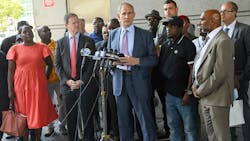Left to right: Senior Advisor Shanifah Rieara, NYC Transit President Richard Davey, MTA MTA Chair and CEO Janno Lieber, NYC Transit Cleaner Anthony Nelson are joined by TWU President Tony Utano, TWU VP Robert Kelley and Nelson's family at news conference following the court proceeding that included the unsealing of an indictment charging Alexander Wright with assault. MTA will seek a three-year ban of Wright from its system if he is convicted of an assault on Nelson. Left to right: Senior Advisor Shanifah Rieara, NYC Transit President Richard Davey, MTA MTA Chair and CEO Janno Lieber, NYC Transit Cleaner Anthony Nelson are joined by TWU President Tony Utano, TWU VP Robert Kelley and Nelson's family at news conference following the court proceeding that included the unsealing of an indictment charging Alexander Wright with assault. MTA will seek a three-year ban of Wright from its system if he is convicted of an assault on Nelson.