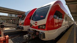 Caltrain&apos;s new EMUs feature on-board signage, roomier seats, power sources at every fixed seat, ADA-compliant restrooms, additional storage space and two dedicated bike cars per seven-car trainset.