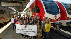 Caltrain officials were joined by federal, state and municipal representatives to mark the first public introduction of its new EMUs, which will enter service in 2024 as part of its electrification project that will electrify a 51-mile corridor from San Francisco’s 4th and King Caltrain Station to the Tamien Caltrain Station.