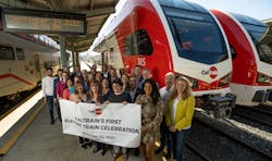 Caltrain officials were joined by federal, state and municipal representatives to mark the first public introduction of its new EMUs, which will enter service in 2024 as part of its electrification project that will electrify a 51-mile corridor from San Francisco’s 4th and King Caltrain Station to the Tamien Caltrain Station. Caltrain officials were joined by federal, state and municipal representatives to mark the first public introduction of its new EMUs, which will enter service in 2024 as part of its electrification project that will electrify a 51-mile corridor from San Francisco’s 4th and King Caltrain Station to the Tamien Caltrain Station.