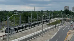 A three-car train being tested along the Eglington Crosstown alignment.