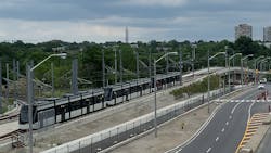 A three-car train being tested along the Eglington Crosstown alignment. A three-car train being tested along the Eglington Crosstown alignment.