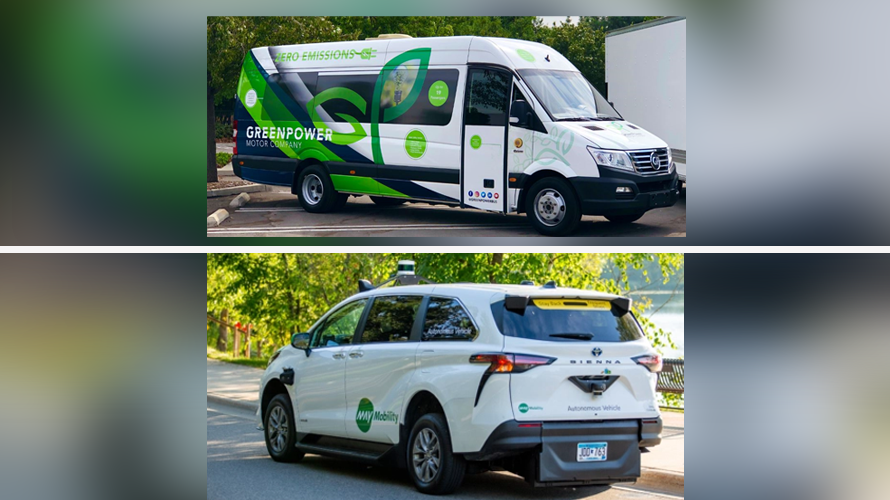 Top: A GreenPower zero-emission AV shuttle; Bottom: May Mobility's ADA-compliant Toyota Sienna equipped with its Autono-MaaS platform.