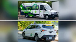 Top: A GreenPower zero-emission AV shuttle; Bottom: May Mobility's ADA-compliant Toyota Sienna equipped with its Autono-MaaS platform.