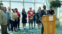 Orange County Mayor Jerry Demings speaks during a press conference to kick off a push advocating for a one-percent sales tax to fund transportation improvements in the region.