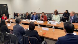 U.S. Rep. Grace Meng (center, red jacket), speaks during a roundtable with U.S. Transportation Secretary Pete Buttigieg, FTA Administrator Nuria Fernandez, MTA Chair and CEO Janno Lieber and representatives of AA &amp; NHPI community organizations.