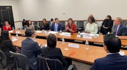 U.S. Rep. Grace Meng (center, red jacket), speaks during a roundtable with U.S. Transportation Secretary Pete Buttigieg, FTA Administrator Nuria Fernandez, MTA Chair and CEO Janno Lieber and representatives of AA &amp; NHPI community organizations.