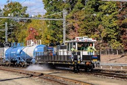 NJ Transit began the use of its two AquaTrack machines to keep rails clear of leaf debris during the fall season. NJ Transit began the use of its two AquaTrack machines to keep rails clear of leaf debris during the fall season.
