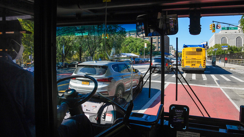 View of a bus lane from inside a bus; MTA will roll out additional deployments of its ABLE camera system through the end of the year to monitor bus lane violations.