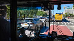 View of a bus lane from inside a bus; MTA will roll out additional deployments of its ABLE camera system through the end of the year to monitor bus lane violations.