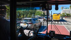 View of a bus lane from inside a bus; MTA will roll out additional deployments of its ABLE camera system through the end of the year to monitor bus lane violations.