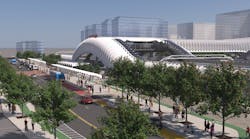 A preliminary conceptual rendering of Fresno Station as part of the high-speed rail project in the Central Valley.