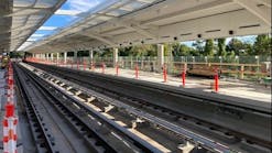 The east platform of the Potomac Yard Station; riders will not be able to use the station until 2023 due to underlying soil conditions discovered during tie-in and systems integration work.