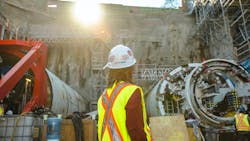 Elsie, the first of two tunnel boring machines for the Broadway Subway Project prepares for launch from the future Great Northern Way-Emily Carr Station, while assembly of Phyllis is underway.